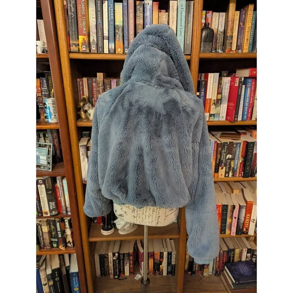 Free People Women's Love It Soft Hoodie Bomber Jacket Blue Grey Large Faux Fur
